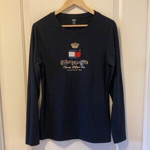 Tommy Hilfiger Navy Long Sleeve Fitted Sequin T Shirt Preppy Size Large EUC